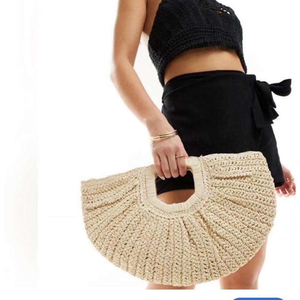 Woven Straw Half Moon Clutch Bag with Square Handle